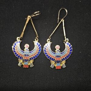 Vintage Metal Egyptian Horus Gold Tone Dangle Cloisonne Enamel Earrings